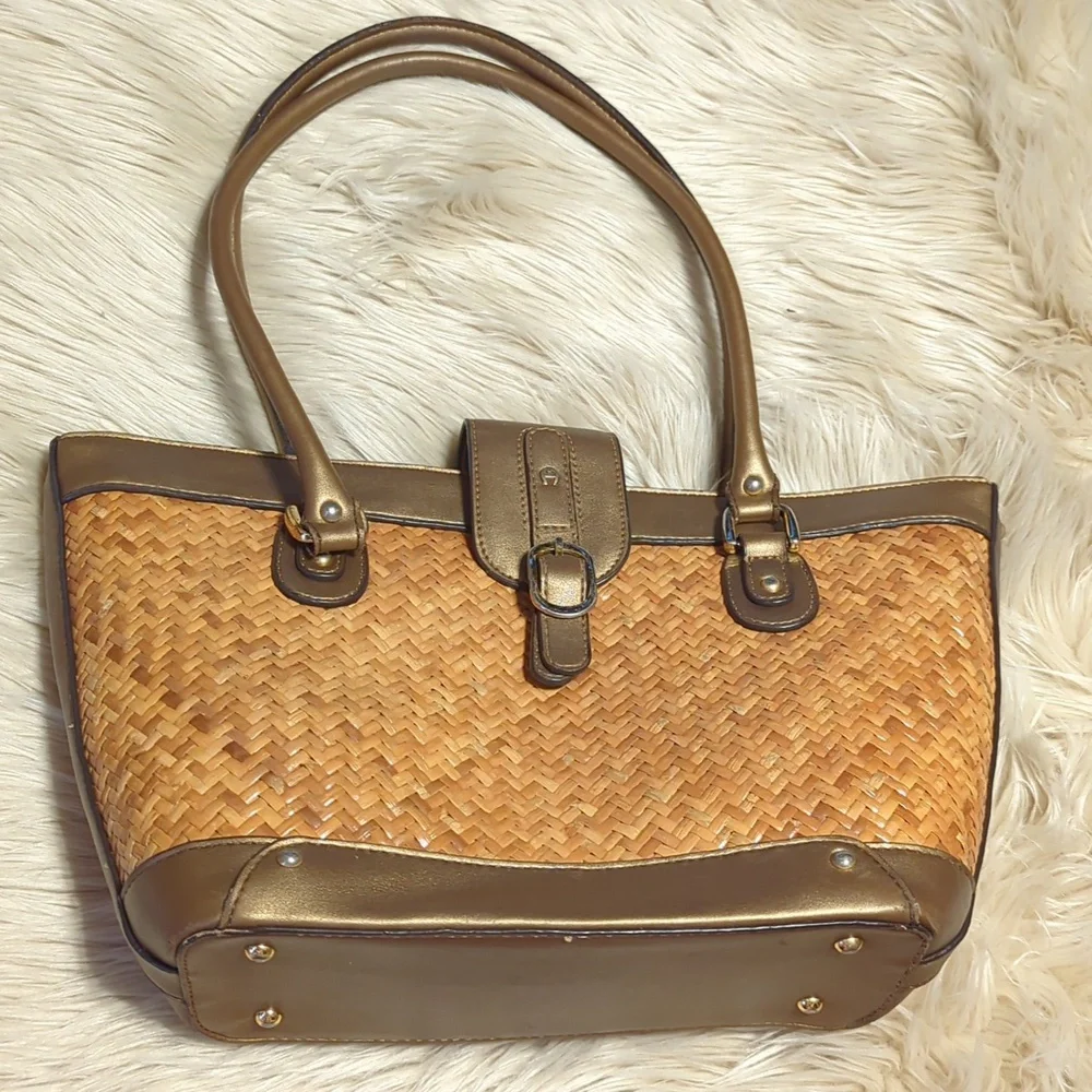 Etienne Aigner 100% Rattan with Bronze Trim Tote Bag 15” x 9” - Picture 1 of 12